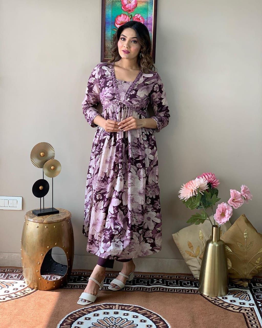 Floral eggplant print gathered Kurti